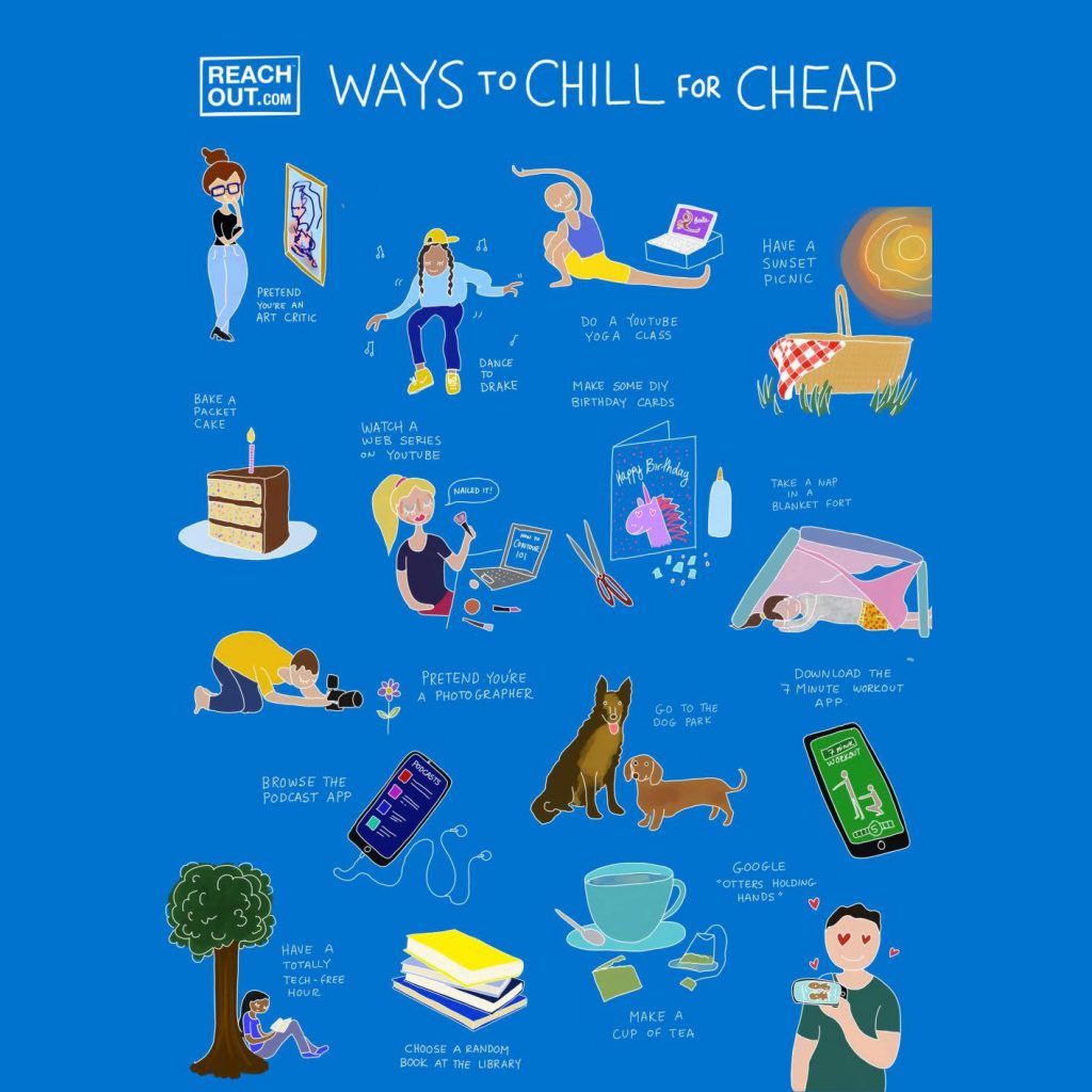 "Ways to Chill for Cheap" cartoon featuring tasks like Yoga, dance etc.