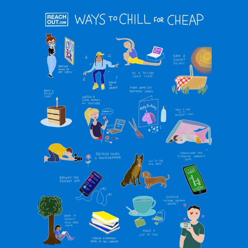 "Ways to Chill for Cheap" cartoon featuring tasks like Yoga, dance etc.